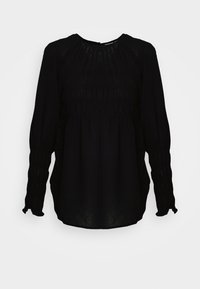Černá blůza s dlouhým rukávem a kulatým výstřihem, s nařasením podél těla a přiléhavými manžetami. Jemný, lehký materiál s mírným leskem.