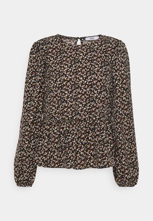 Black long-sleeve blouse with small white, pink, and brown floral pattern, round neckline, and gathered waist detail.