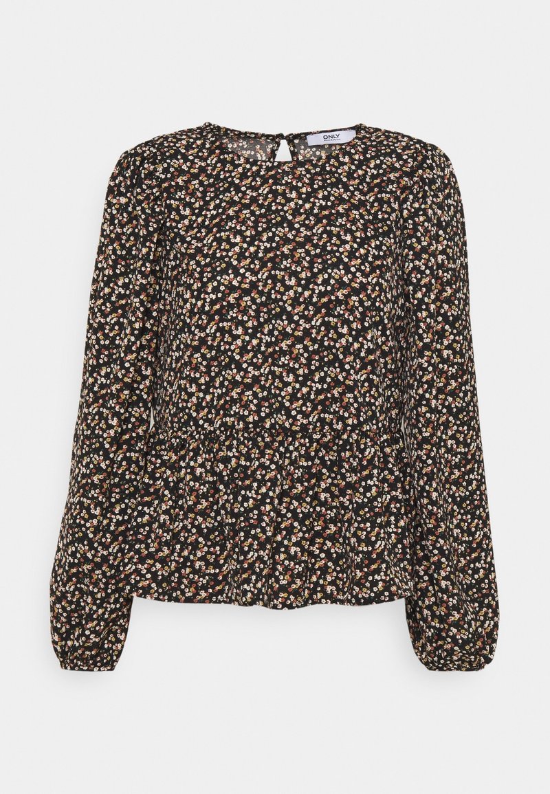 Blouse noire à manches longues avec petit motif floral blanc, rose et marron, col rond et détail froncé à la taille.