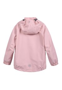 Roze waterdichte jas met een capuchon, elastische manchetten en een logodetail vlak bij de zoom. Glad textuur en rechte snit.