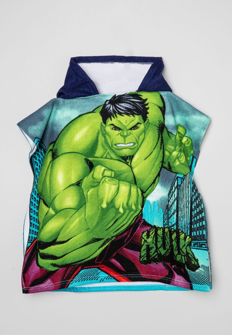 Hooded poncho-handdoek met een levendige groene Hulk-afbeelding op een blauwe achtergrond, gemaakt van zacht en absorberend badstof.