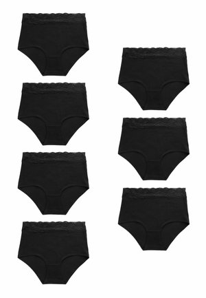 Black high-waisted underwear with a lace trim waistband, made of soft fabric. Six pairs displayed, with even spacing between them.