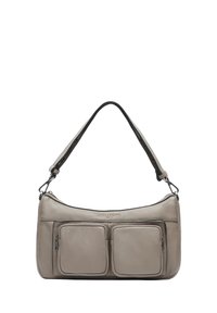 Borsa a tracolla in pelle grigia con una forma curva, due tasche frontali con zip e una sola tracolla attaccata. La superficie ha una consistenza liscia.