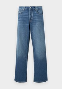 Φαρδιά μπλε τζιν παντελόνια με ξεθωριασμένο φινίρισμα, διαθέτουν παραδοσιακό κλείσιμο με κουμπί και φερμουάρ και πέντε τσέπες για αποθήκευση.