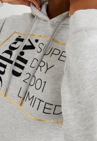 Sudadera gris con texto impreso en negro y dorado. Cuenta con cordones con puntas metálicas doradas. Tela suave y puños acanalados visibles.