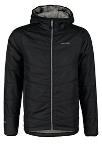 Veste isolante noire avec capuche, dotée d'une fermeture éclair à l'avant, d'un design matelassé et d'un revêtement gris. Logo sur la poitrine et la manches.