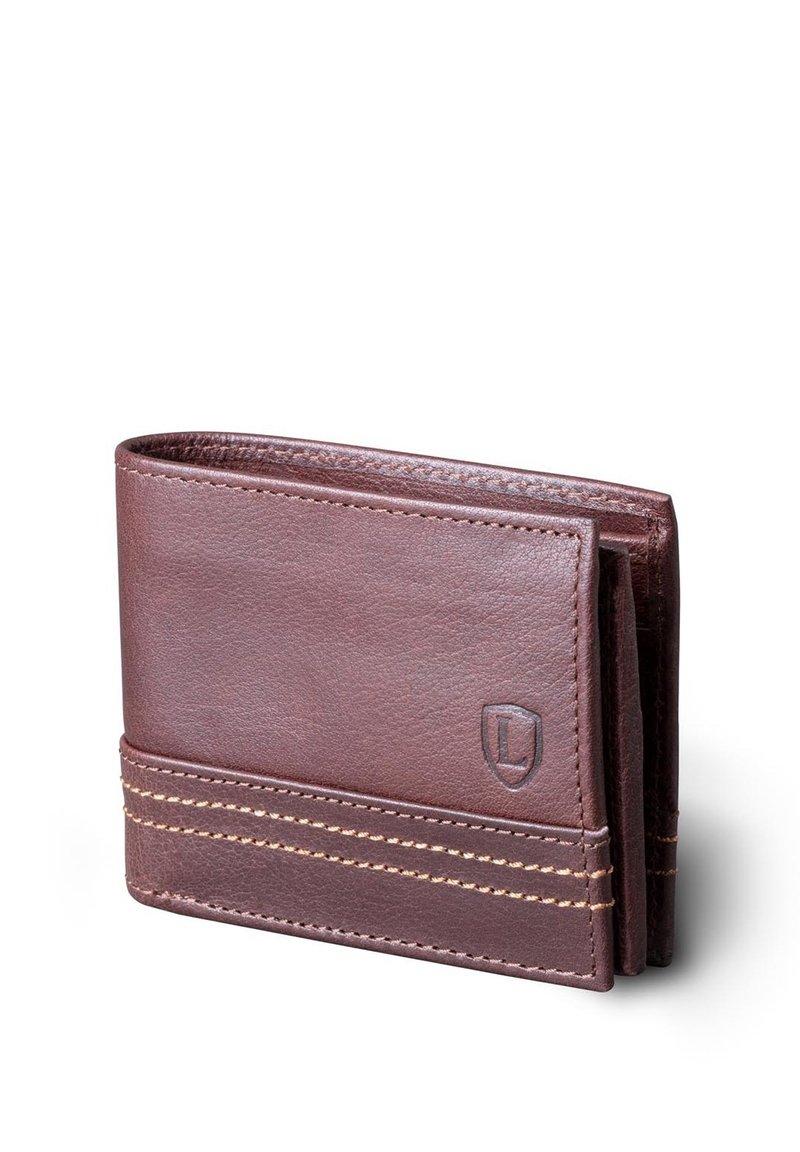 Brown leather wallet with a textured surface, featuring contrast stitching and a subtle embossed logo, designed in a bifold style.