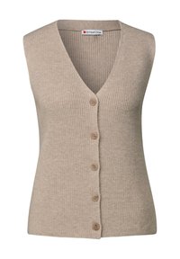 Beżowa dzianinowa kamizelka bez rękawów z dekoltem w serek i pięcioma guzikami z przodu, o prążkowanej fakturze, z metką Street One wewnątrz kołnierza.