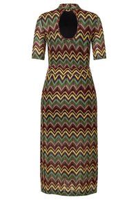 Gemustertes Kleid mit einem Zickzackdesign in Rot, Grün, Gelb und Schwarz. Hergestellt aus einem strukturierten Stoff mit einem Rückenschlitz. 