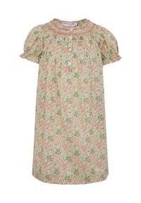 Abito floreale con maniche corte a sbuffo, con motivi di fiori rosa, verdi e bianchi su uno sfondo chiaro. Presenta un scollo arricciato.