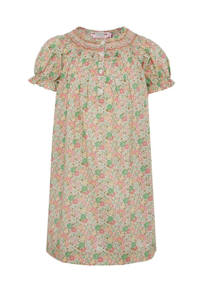 Abito floreale con maniche corte a sbuffo, con motivi di fiori rosa, verdi e bianchi su uno sfondo chiaro. Presenta un scollo arricciato.