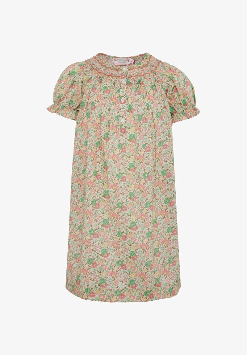 Abito floreale con maniche corte a sbuffo, con motivi di fiori rosa, verdi e bianchi su uno sfondo chiaro. Presenta un scollo arricciato.