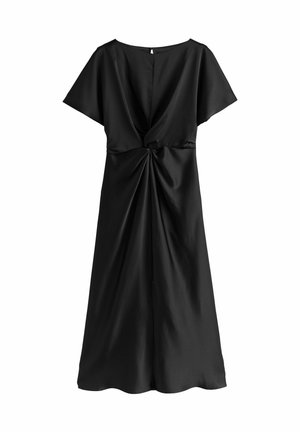 Black knee-length dress with short sleeves, knot detail at the waist, smooth satin fabric, and a keyhole back closure.