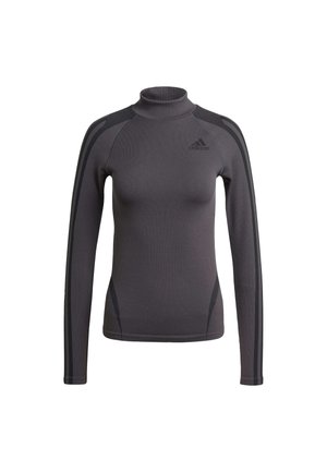 Gray long-sleeve top with a high collar, featuring textured fabric and black accent stripes on shoulders, with an Adidas logo on the chest.