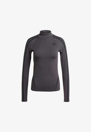 Gray long-sleeve top with a high collar, featuring textured fabric and black accent stripes on shoulders, with an Adidas logo on the chest.