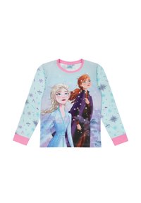 Long-sleeve pajama top featuring a light blue background with illustrations of two characters. Contains pink cuffs and snowflake patterns.