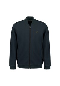 Marineblaue Zip-Jacke mit Rundhalsausschnitt, gerippten Bündchen und einem kleinen Logoakzent auf der Brust. Hergestellt aus weichem, strukturiertem Stoff.
