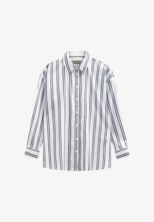 White button-up shirt with navy vertical stripes, long sleeves, and a pointed collar, laid flat on a white background.