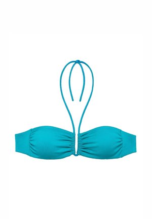 Turkusowy bikini bandeau z regulowanymi wiązaniami, marszczonymi detalami z przodu i gładką teksturą materiału. Bez drutów.