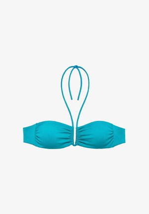 Haut de bikini bandeau turquoise avec liens ajustables, détails froncés à l'avant et texture de tissu lisse. Sans armatures.