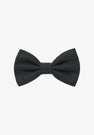 Papillon in seta nera con un motivo a griglia testurizzata, dotato di un nodo centrale e ali simmetriche. Misura circa 11,5 cm di larghezza.