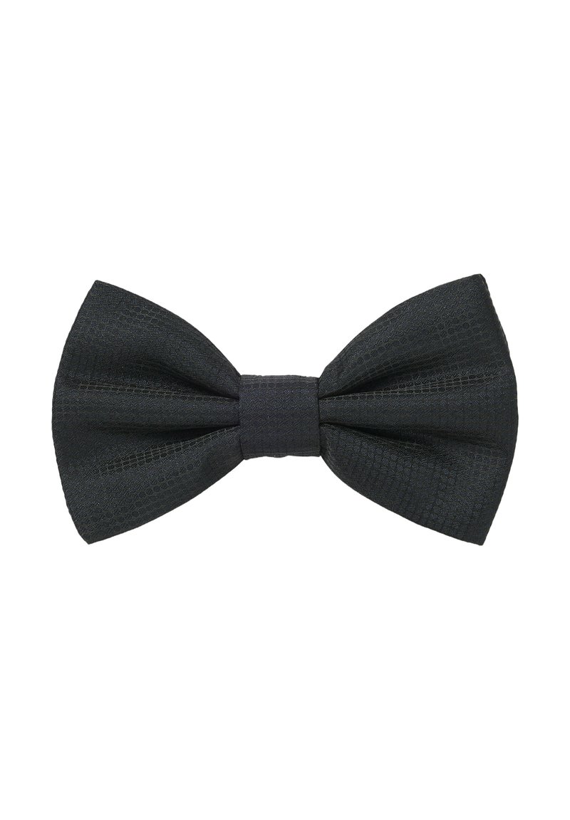 Svart silkebutong med ett strukturerat rutmönster, med en central knut och symmetriska vingar. Mäter cirka 11,5 cm i bredd.