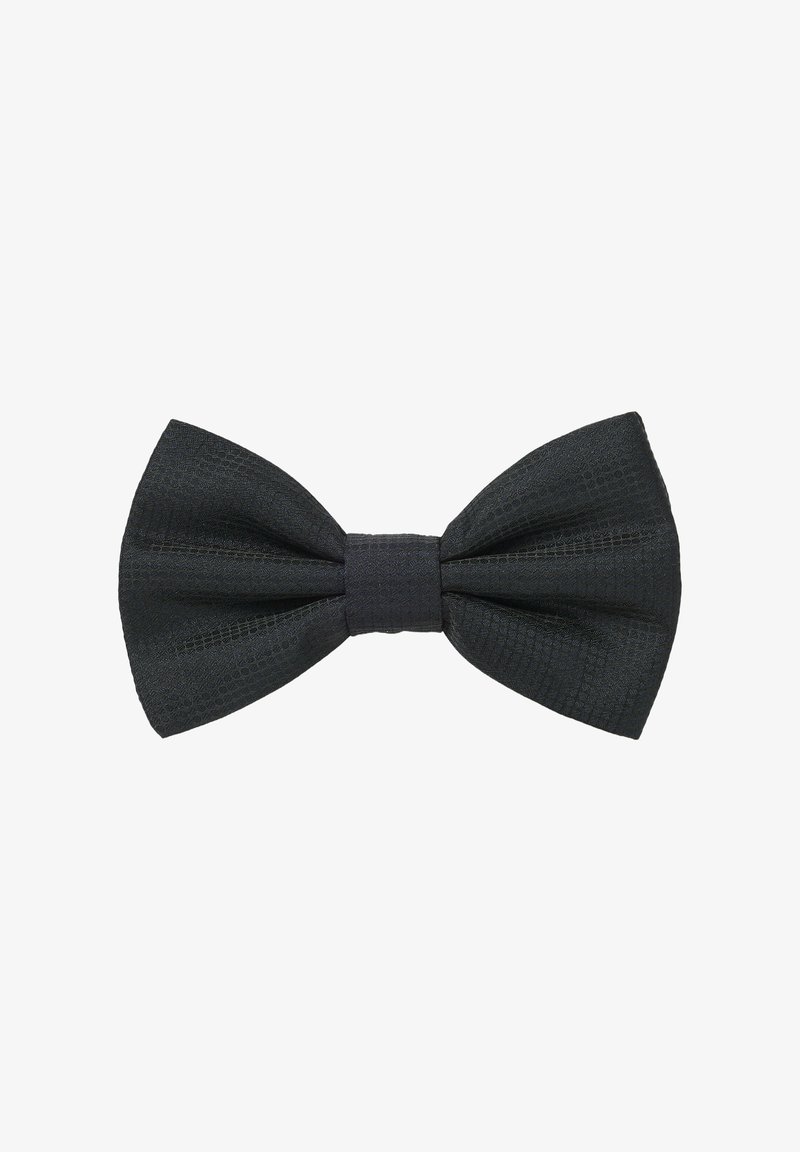 Svart silkebutong med ett strukturerat rutmönster, med en central knut och symmetriska vingar. Mäter cirka 11,5 cm i bredd.