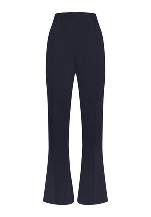 Høj talje flared bukser i marineblåt stof, der har en glat tekstur og sidesømme for et skræddersyet udseende, uden synlige lommer eller udsmykninger.
