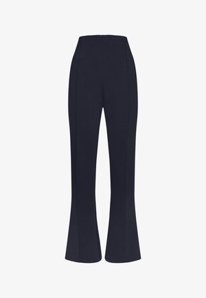 Høj talje flared bukser i marineblåt stof, der har en glat tekstur og sidesømme for et skræddersyet udseende, uden synlige lommer eller udsmykninger.