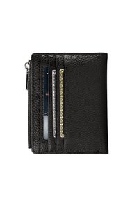 Portefeuille en cuir noir avec une finition texturée, doté de quatre emplacements pour cartes et d'un compartiment zippé, présentant divers designs de cartes.
