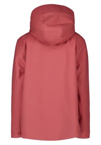 Vattentät jacka i korall, med huva och långa ärmar. Slät yta med vertikala sömmar på baksidan.