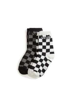 To par Vans crew sokker med sort-hvide skakternet mønstre, et par hvide med sorte firkanter, det andet sort med grå firkanter.