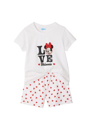 White short-sleeve top with "LOVE" and Minnie Mouse face, paired with white shorts covered in small red hearts.