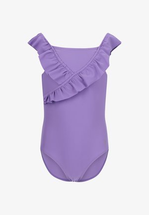 Paarse badpak met ruffles langs de halslijn en schouder. Gemaakt van soepel, rekbaar materiaal met een getailleerd ontwerp.