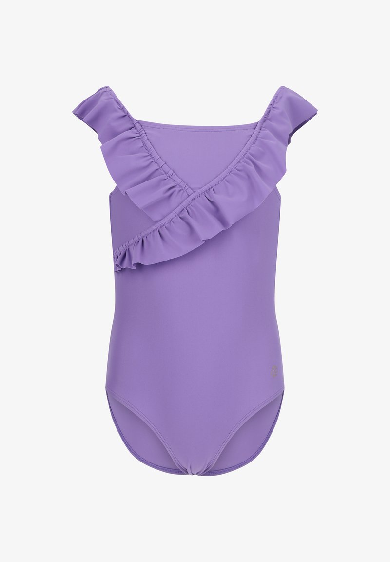 Maillot de bain violet avec des accents volants le long de l'encolure et de l'épaule. Fabriqué en matériau lisse et extensible avec une coupe ajustée.