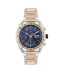 BOSS Chronograph-Uhr mit blauem Zifferblatt, silbernem und goldfarbenem Metallarmband, Tachymeter-Lünette, drei Hilfszifferblättern und einer auffälligen Krone an der Seite.