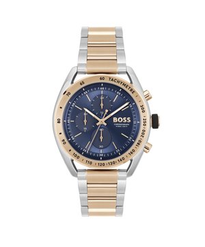 Montre chronographe BOSS avec un cadran bleu marine, un bracelet en métal argenté et doré, une lunette tachymétrique, trois sous-cadrans et une couronne proéminente sur le côté.