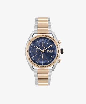 Reloj cronógrafo BOSS con esfera azul marino, correa metálica en plata y oro, bisel taquimétrico, tres subesferas y una corona prominente en el lateral.