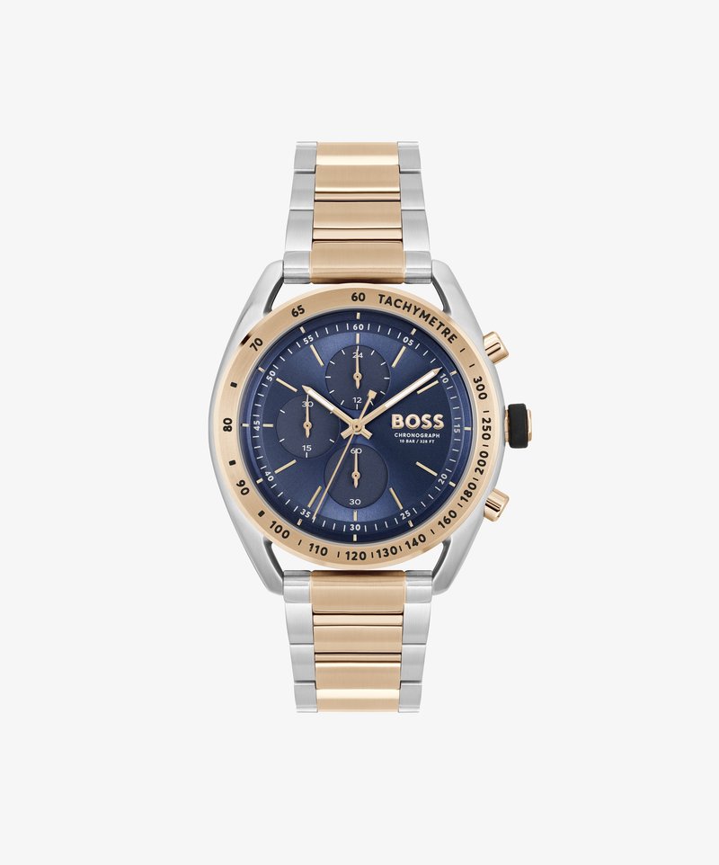 BOSS Chronograph-Uhr mit blauem Zifferblatt, silbernem und goldfarbenem Metallarmband, Tachymeter-Lünette, drei Hilfszifferblättern und einer auffälligen Krone an der Seite.