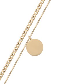 Collana in oro con un pendant tondo e liscio. La catena è composta da anelli interconnessi, con una texture e una lucentezza variabili.