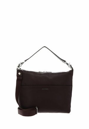 Dunkelbraune Ledertasche mit Tragegriff oben und verstellbarem Schulterriemen vor weißem Hintergrund.