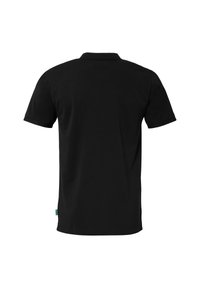 Zwarte polo met korte mouwen, gemaakt van zacht katoen. Voorzien van een klassieke kraag en een subtiel label aan de zijkant. Glad, effen textuur.