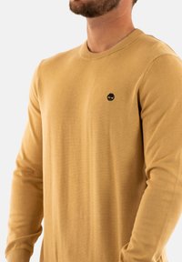 Senfgelbes Sweater mit Rundhalsausschnitt, langen Ärmeln, gerippten Bündchen und einem kleinen schwarzen Logo auf der Brust. Glatte Textur.