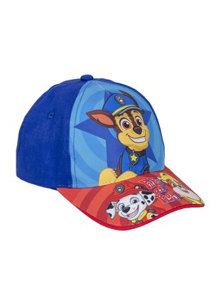 Cappellino da baseball blu con personaggi dei cartoni animati su una visiera colorata. Realizzato in tessuto, presenta un design frontale di un cane in uniforme di polizia.