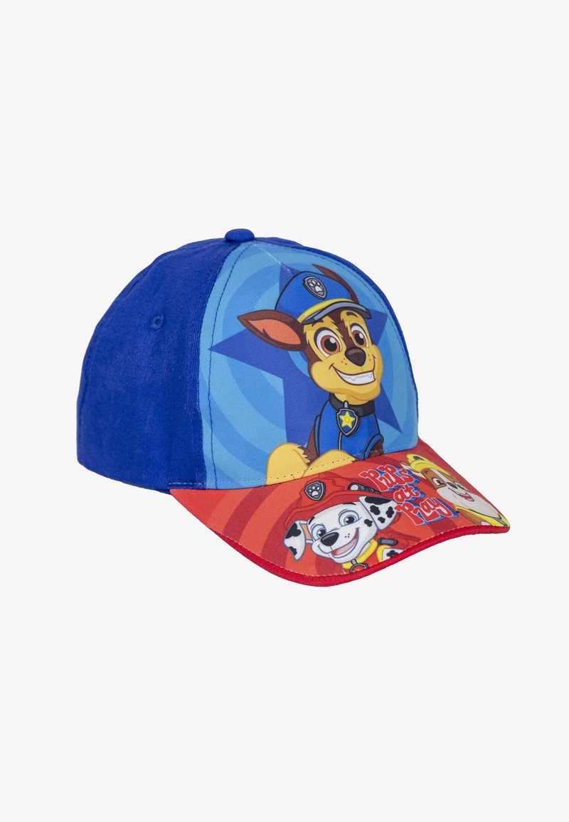 Cappellino da baseball blu con personaggi dei cartoni animati su una visiera colorata. Realizzato in tessuto, presenta un design frontale di un cane in uniforme di polizia.