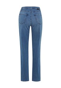 Blue denim jeans with a straight leg design, featuring two back pockets and a visible waistband tag, smooth texture and classic stitching.