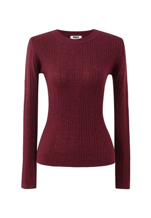 Pull côtelé bordeaux à manches longues, col rond, avec des accents subtils de paillettes, fabriqué à partir d'un tissu doux et texturé.