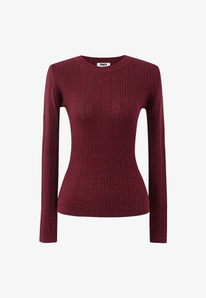 Pull côtelé bordeaux à manches longues, col rond, avec des accents subtils de paillettes, fabriqué à partir d'un tissu doux et texturé.