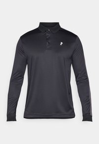 Polo shirt nero a maniche lunghe realizzato in tessuto liscio, con colletto classico, patta con tre bottoni e un piccolo logo bianco sul petto.