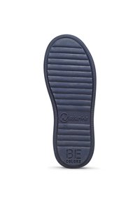 Semelle en caoutchouc marine, avec des rainures horizontales, des bords arrondis et les logos en relief "Naturino", "26" et "BE COLORS."